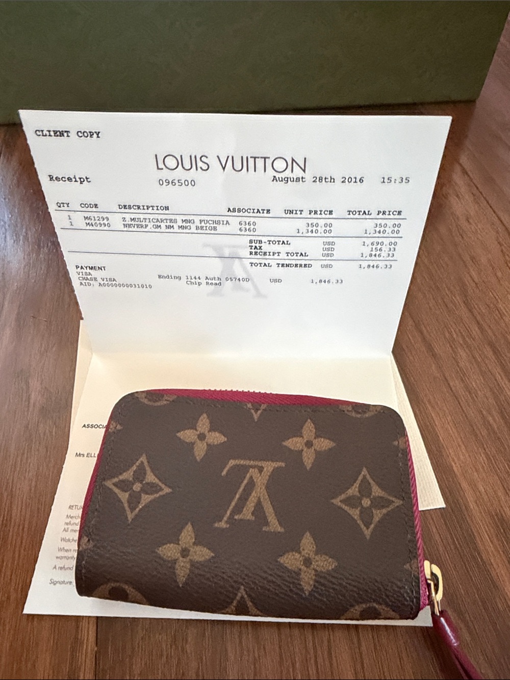 Louis Vuitton Monogram Small Zippered Card Pouch - Brown with Fuchsia Trim